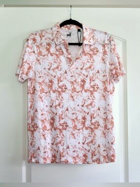 NWOT Raffi Polo with Abstract Print - White/Terracotta. Medium.